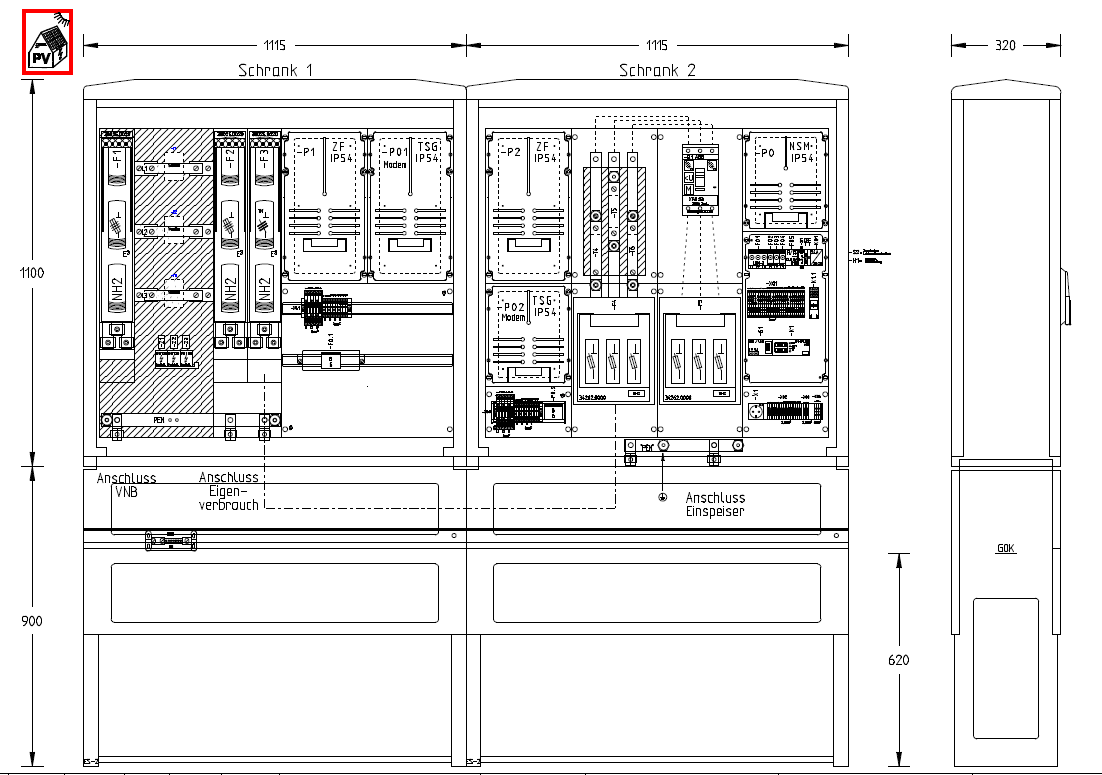 Technische Zeichnung einer Zähleranschlusssäule für Erzeugungsanlagen bis 135 kVA mit zwei Zählerplätzen, TSG-Feldern und Mess-/Wandlerschrank Innenaufbau