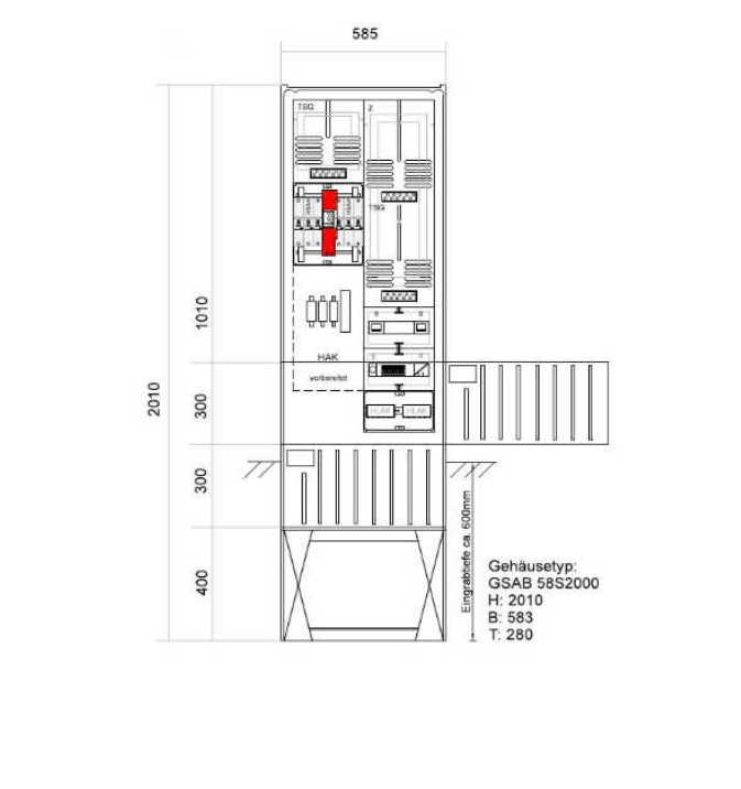 Technische Zeichnung der Zähleranschlusssäule ZAS Bezug 1 Zähler 80A mit Sondertarifmessung, Reserveplatz und Gehäuseabmessungen 2010 × 585 × 280 mm