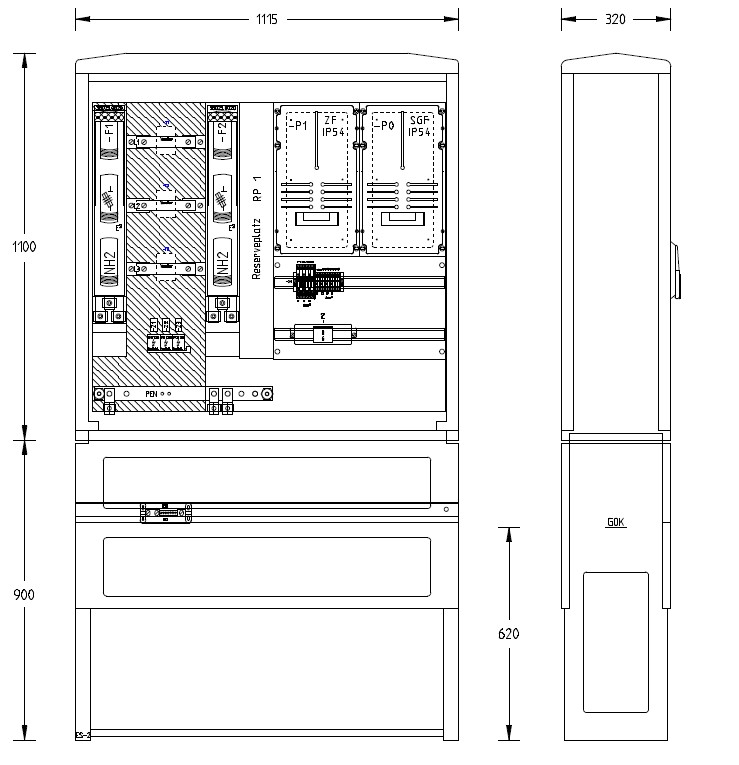 Technische Zeichnung der Zähleranschlusssäule ZAS Bezug 1 Zähler 250 A ohne TSG-Feld für Wandlermessung mit Innenaufbau und Gehäuseansicht