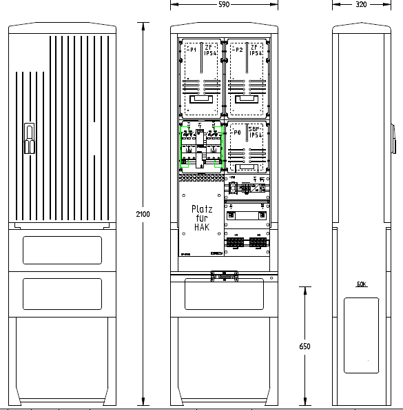 Technische Zeichnung der Zähleranschlusssäule UESA Bezug 80A inkl. Sondertarifmessung für E.DIS Netz zur Außeninstallation von Hausanschlusskasten und Zählerplätzen