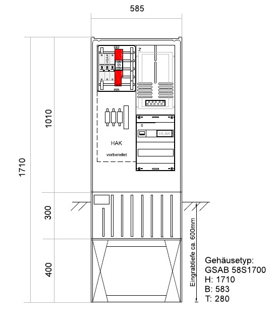 Technische Zeichnung der Zähleranschlusssäule GSAB ZAS Bezug 1 Zähler ohne TSG mit Gehäuseabmessungen 1710 × 585 × 280 mm