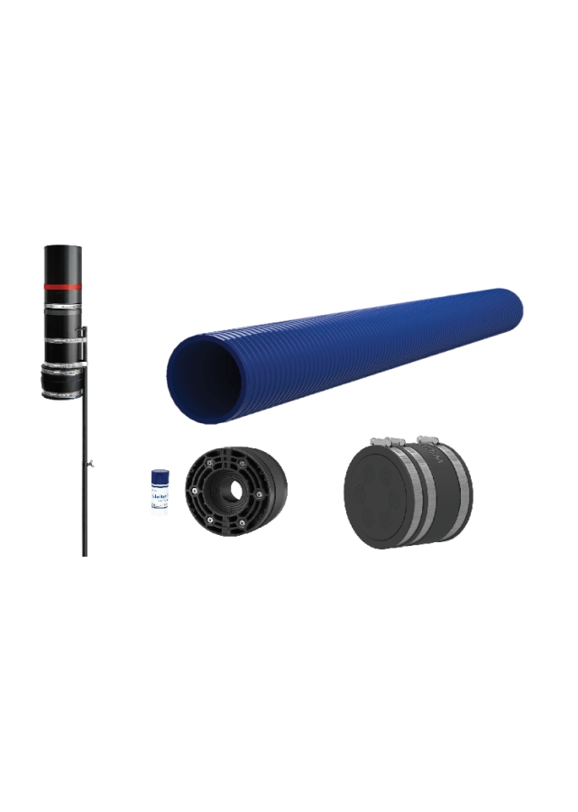 Komplettset 1-Spartenhauseinführung Hauff-Technik für Gebäude ohne Keller mit Einführungskörper DN100, Hateflex Anschluss-Spiralschlauch und Abdichtungskomponenten