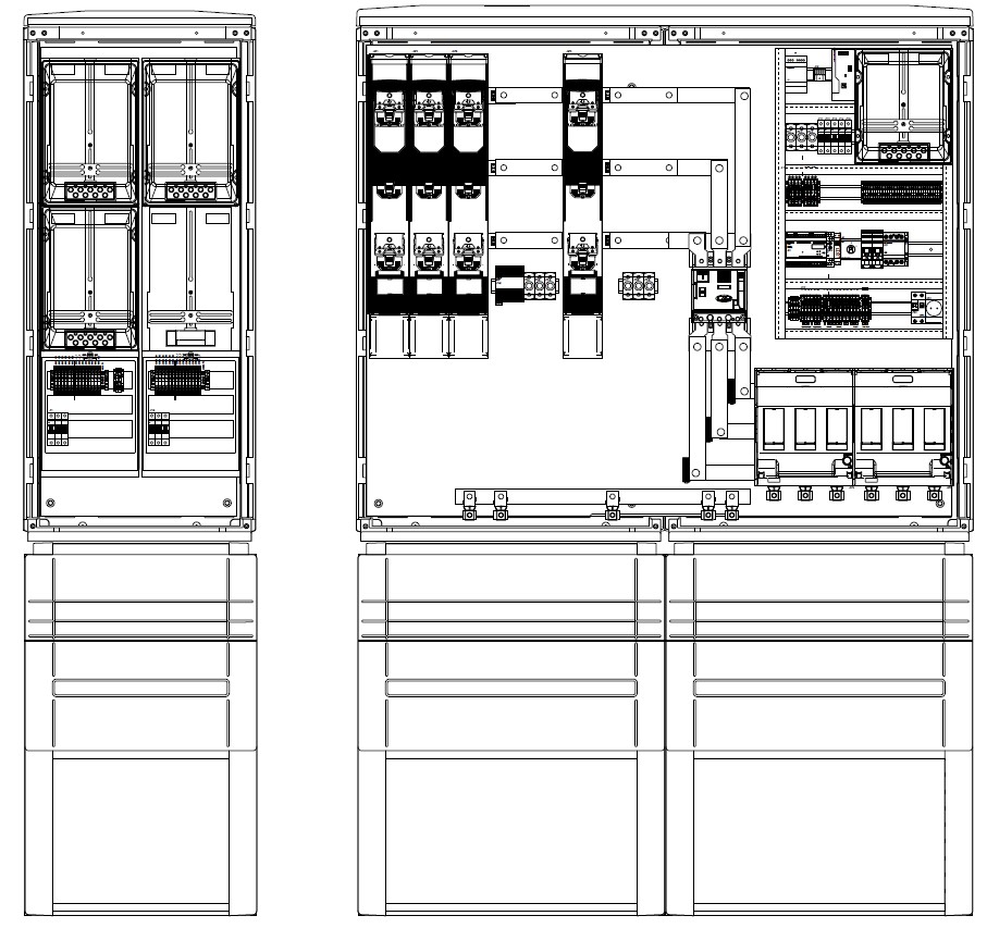 Innenansicht einer Zähleranschlusssäule für Erzeugungsanlagen bis 300 kVA mit Mess- und Wandlerschrank nach TAB E.DIS und VDE-AR-N 4110 im GFK-Außengehäuse