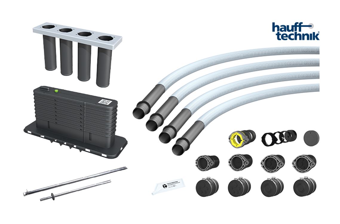Hauff-Technik 4-Spartenhauseinführung Set für nichtunterkellerte Gebäude mit vier Leitungsschläuchen, Mehrsparten-Hauseinführungskörper, Dichtelementen, Manschettenstopfen, Erdspießen und Montagezubehör