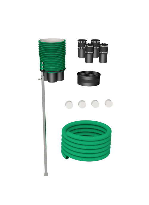 ETGAR Hausausführungssystem für Gebäude mit Keller mit Mantelrohr, Dichtelementen und Anschlusskomponenten zur Verlegung von Strom- und Kommunikationsleitungen ins Grundstück