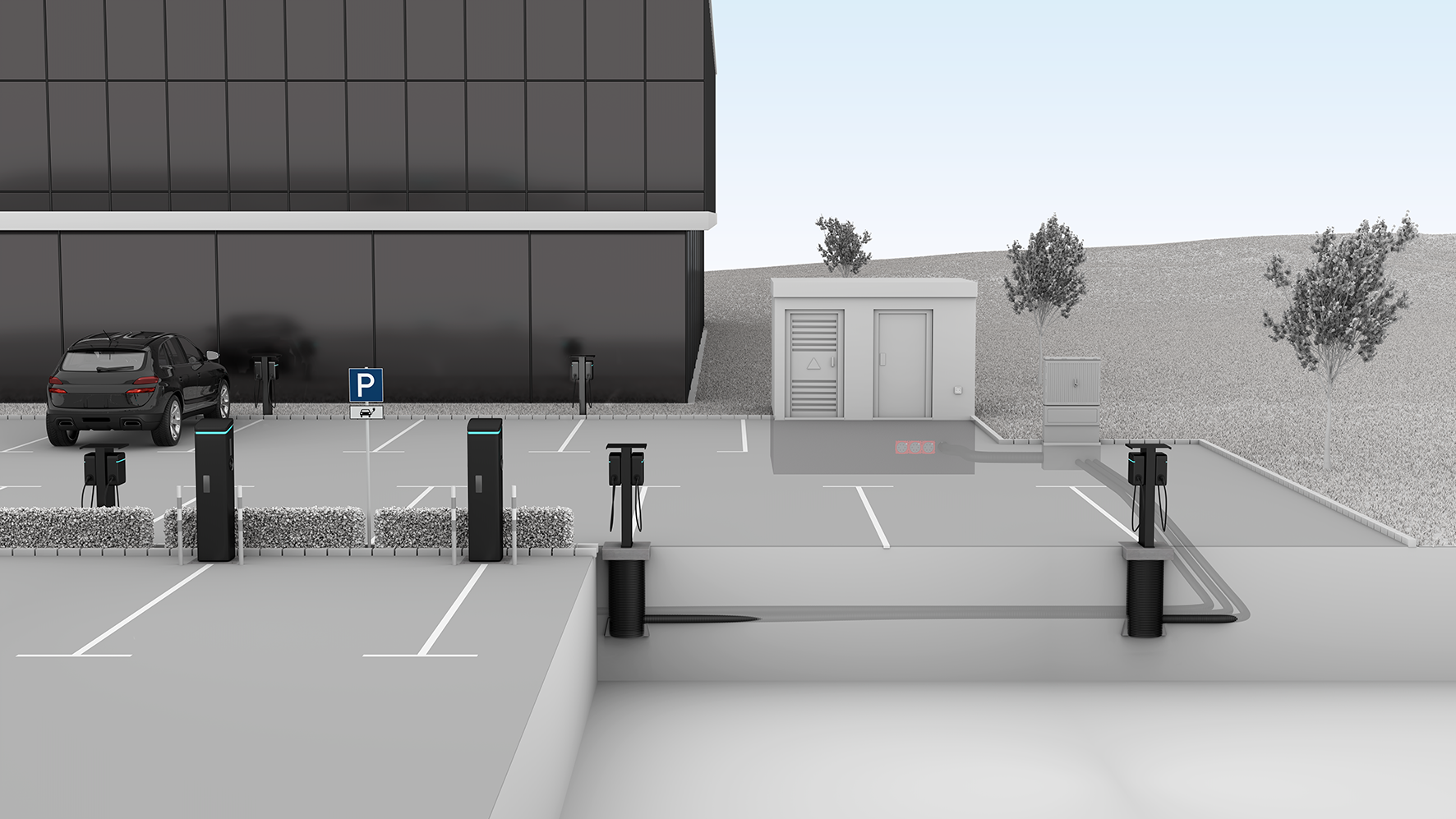 Schnittdarstellung Hauff Ladesäulenfundament ULF 380 in Parkplatzanlage mit angeschlossenen Leerrohren für Strom- und Datenleitungen zwischen Trafostation und Ladesäulen