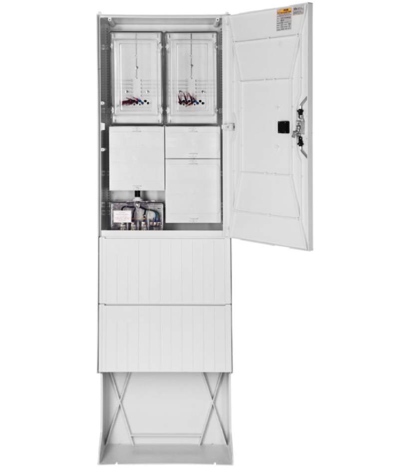 Geöffnete Zähleranschlusssäule GSAB ZAS Bezug 2 Zähler für 35A, 40A oder 50A mit zwei Zählerfeldern nach DIN 43870 zur Freiluftaufstellung