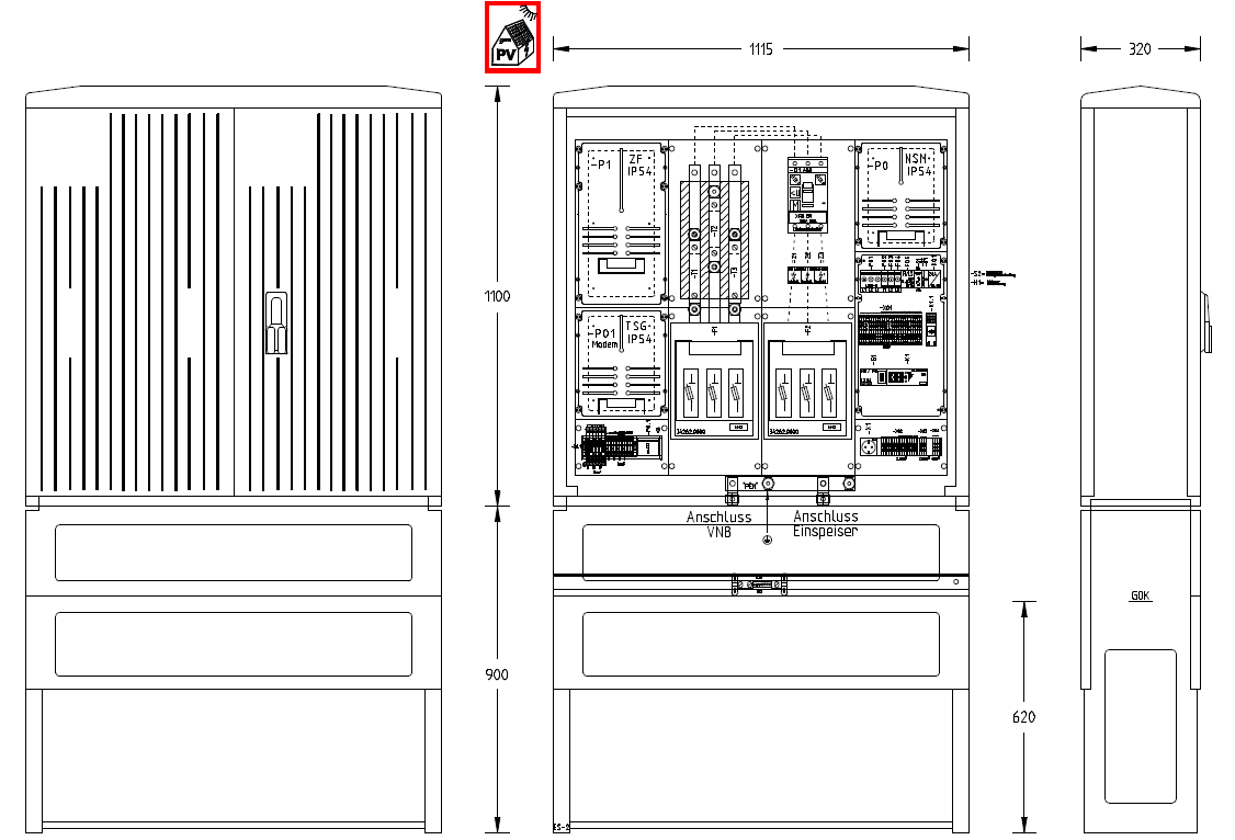Technische Zeichnung einer Zähleranschlusssäule für Erzeugungsanlagen bis 135 kVA mit einem Zählerplatz, Gehäusegröße 2, Abmessungen 2000 × 1115 × 320 mm