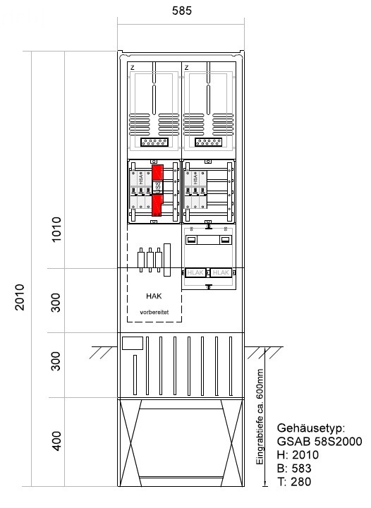 Technische Zeichnung der Zähleranschlusssäule GSAB ZAS Bezug 2 Zähler ohne TSG mit zwei Zählerfeldern und Abmessungen 2010 × 585 × 280 mm
