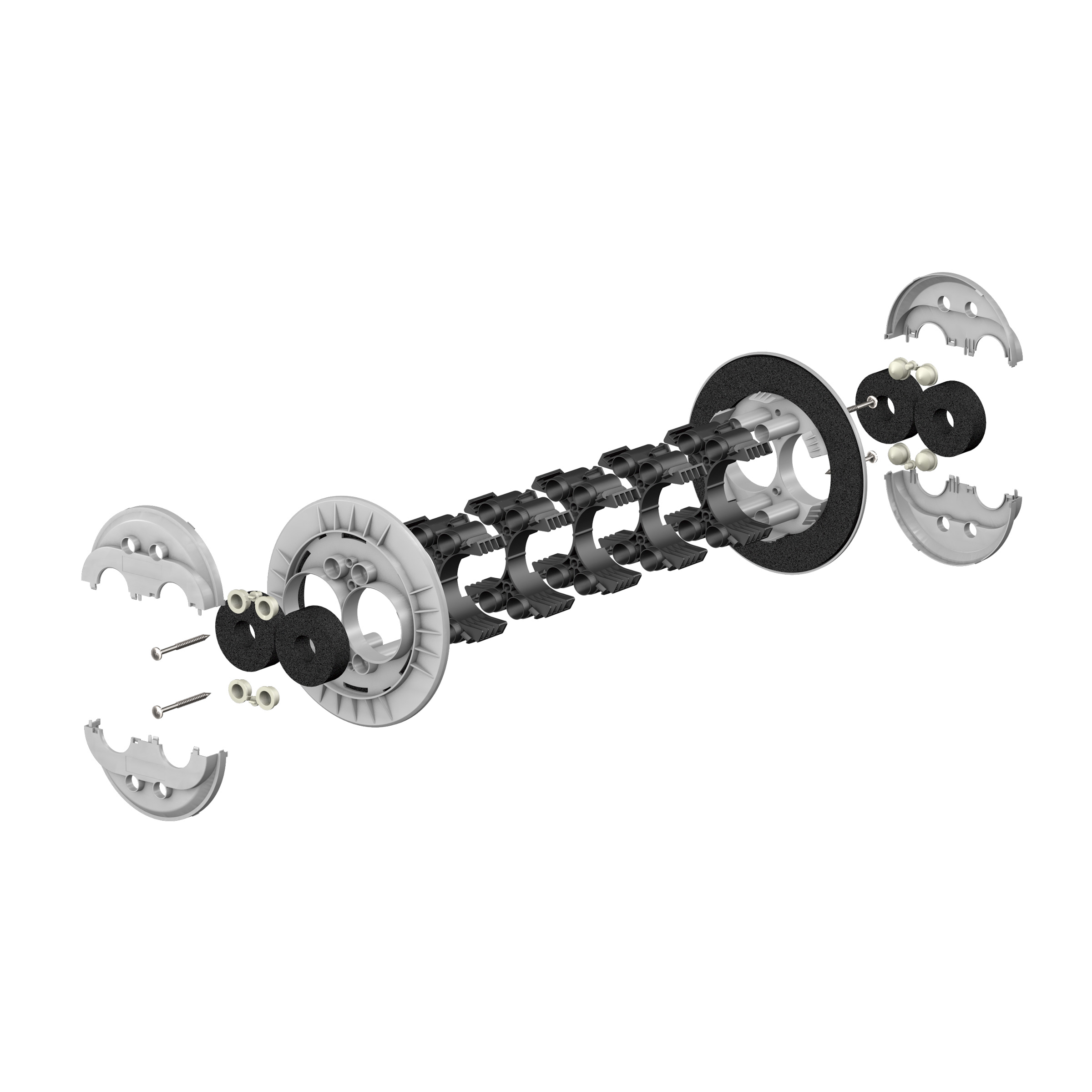 Explosionsdarstellung einer oberirdischen Wanddurchführung für Wärmepumpen mit Dichtelementen, Segmenten und Abdichtscheiben für Rohre und Kabel