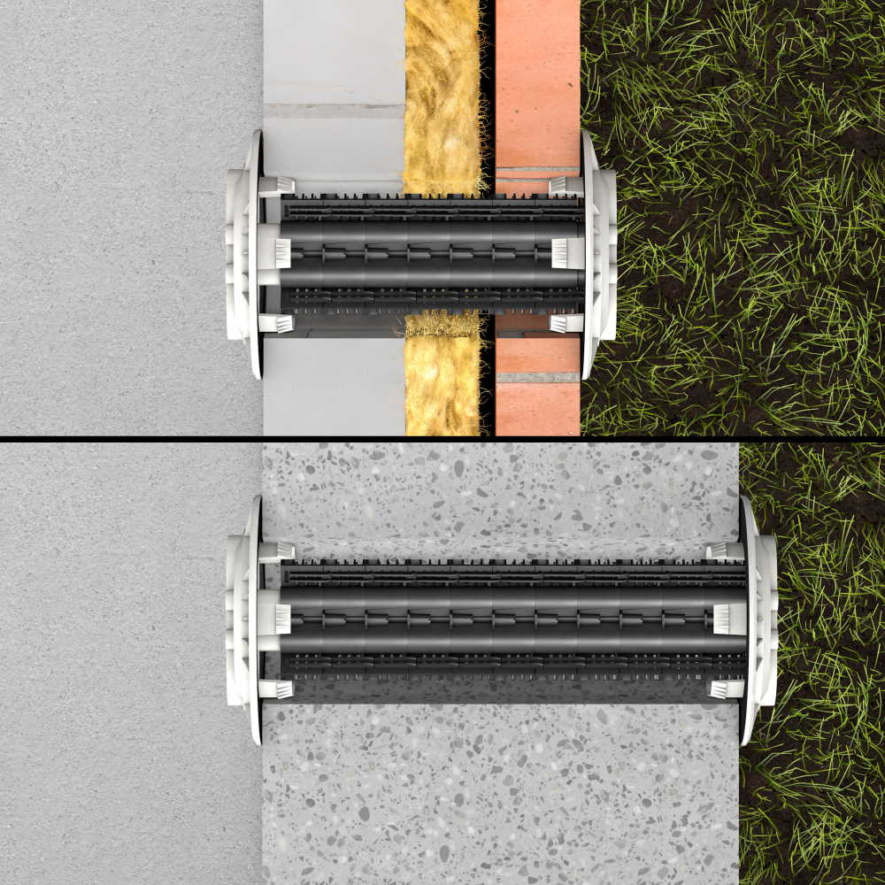 Schnittdarstellung einer oberirdischen Wanddurchführung für Wärmepumpen in unterschiedlichen Wandaufbauten mit luft- und wasserdichter Abdichtung