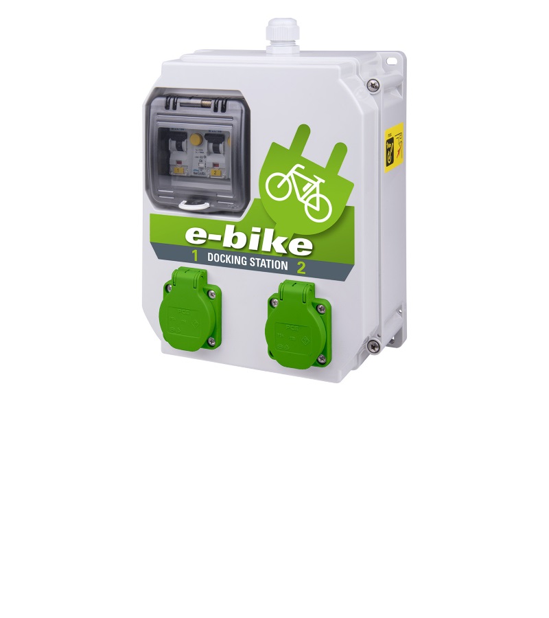 PCE E-Bike Dockingstation MURAU mit zwei Schuko-Steckdosen, transparentem Sicherungsfenster und wettergeschütztem Wandgehäuse zum Laden von E-Bike-Akkus