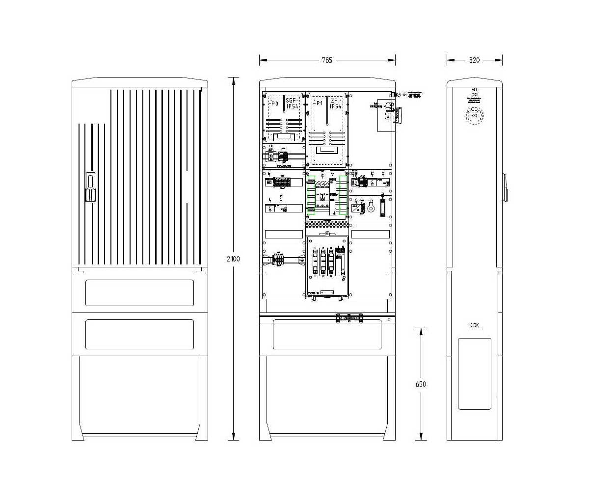 Technische Maßzeichnung einer Zähleranschlusssäule für Außeninstallation mit integriertem Hausanschlusskasten und Ladepunkt 11/22 kW