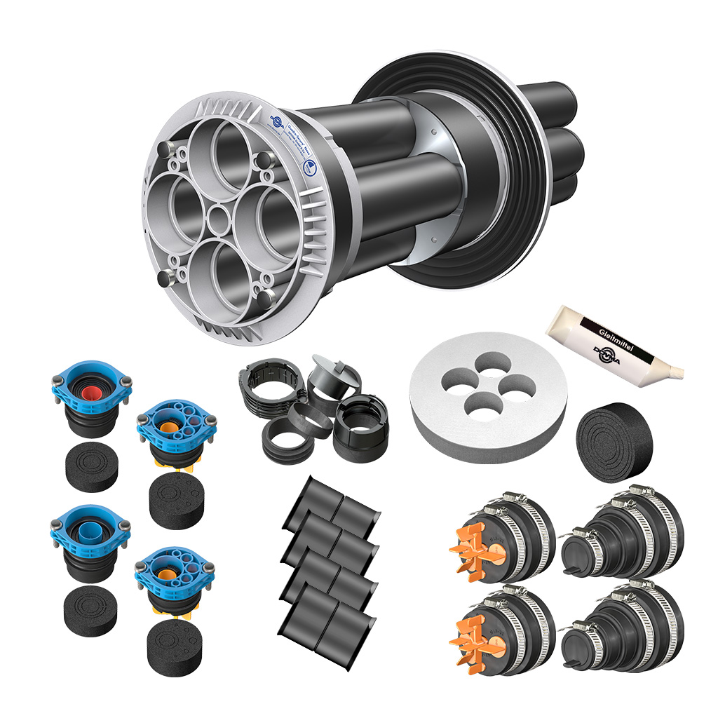 DOYMA 4-Spartenhauseinführung BHP Eco Komplettset mit Einführungskörper, Dichtflansch, Gewerkeabdichtungen, Mantelrohrstopfen, Dichteinsätzen, Manschetten und Montagezubehör