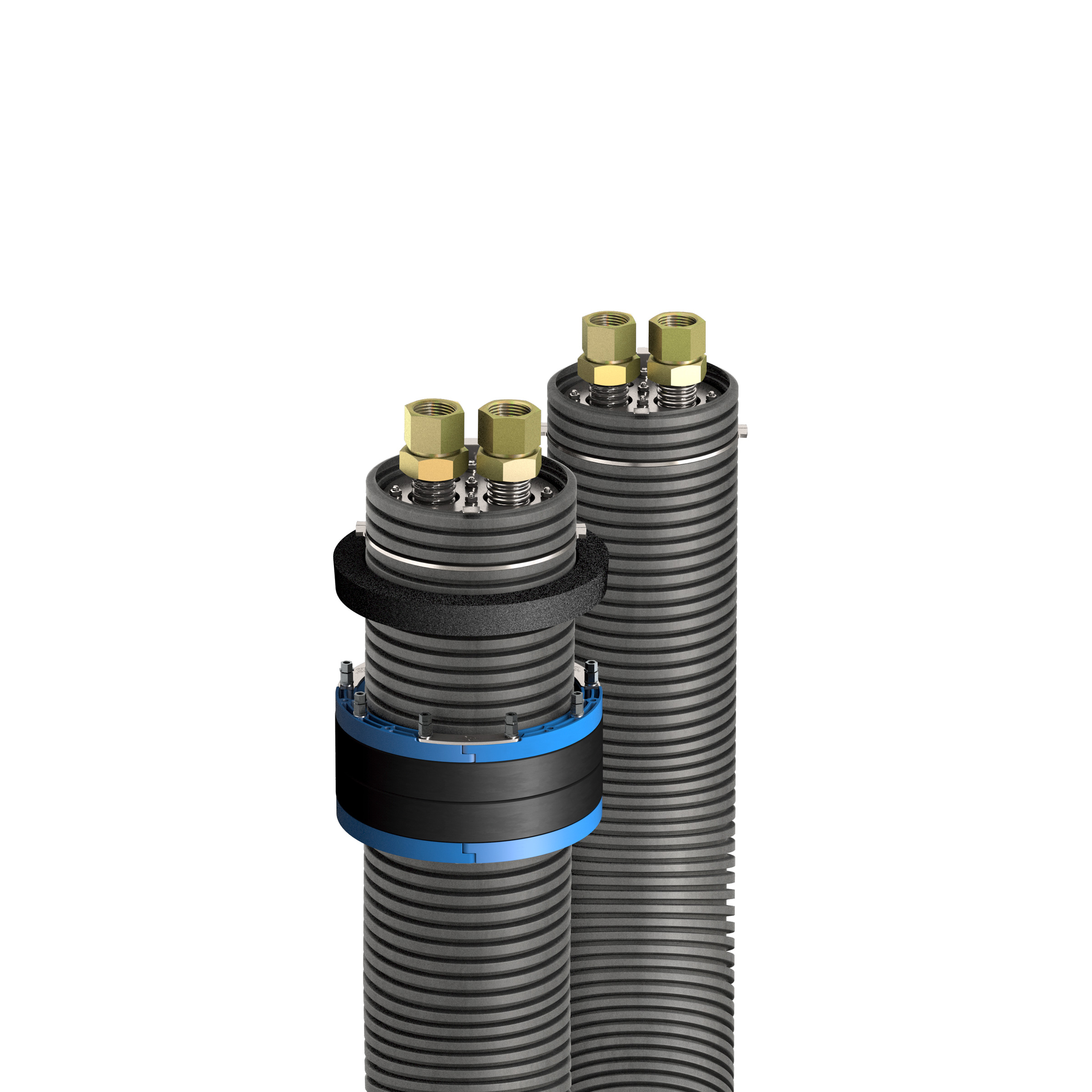 Wanddurchführung für Wärmepumpenleitungen mit Dichtungseinsatz und flexiblen Edelstahlwellrohren für Heizungsanschlüsse