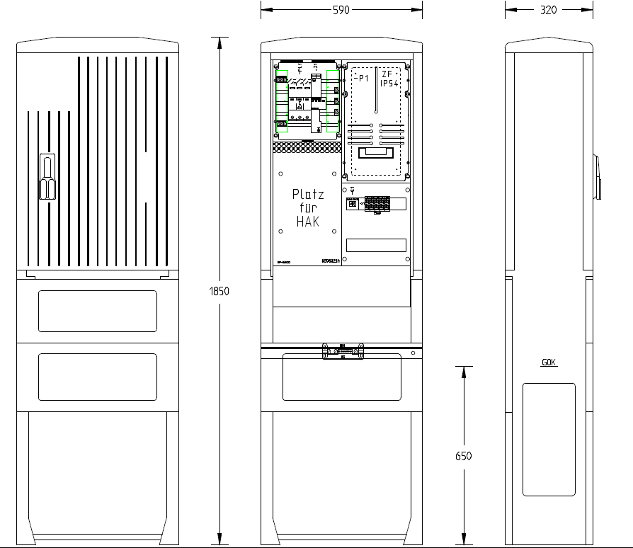Technische Zeichnung der Zähleranschlusssäule Bezug 1 Zähler 63 A ohne TSG-Feld für Direktmessung mit Innenaufbau und Gehäuseansicht