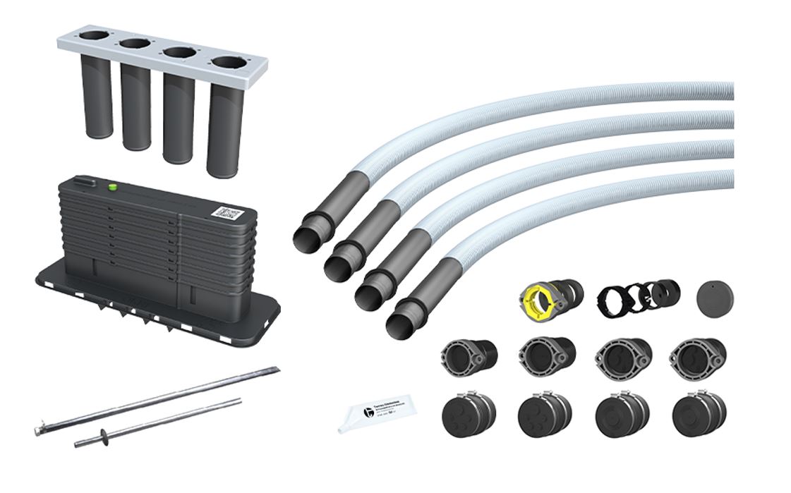 Hauff-Technik 4-Spartenhauseinführung Set für nichtunterkellerte Gebäude mit vier Leitungsschläuchen, Mehrsparten-Hauseinführungskörper, Dichtelementen, Manschettenstopfen, Erdspießen und Montagezubehör