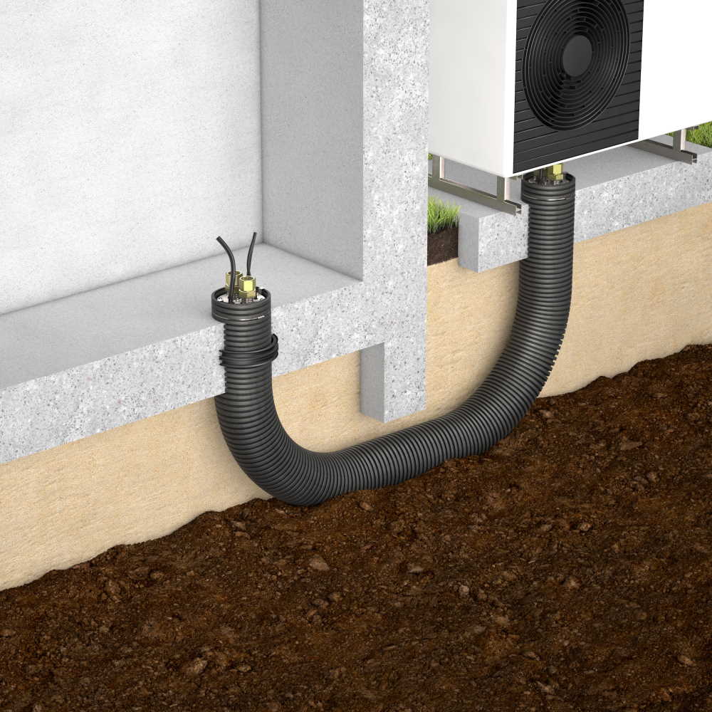 DOYMA Anschlusssystem für Bodenplatten zur luft- und wasserdichten Durchführung von Leitungen bei Luft-Wasser-Wärmepumpen – Einbau in WU-Betonbodenplatte mit Außeneinheit