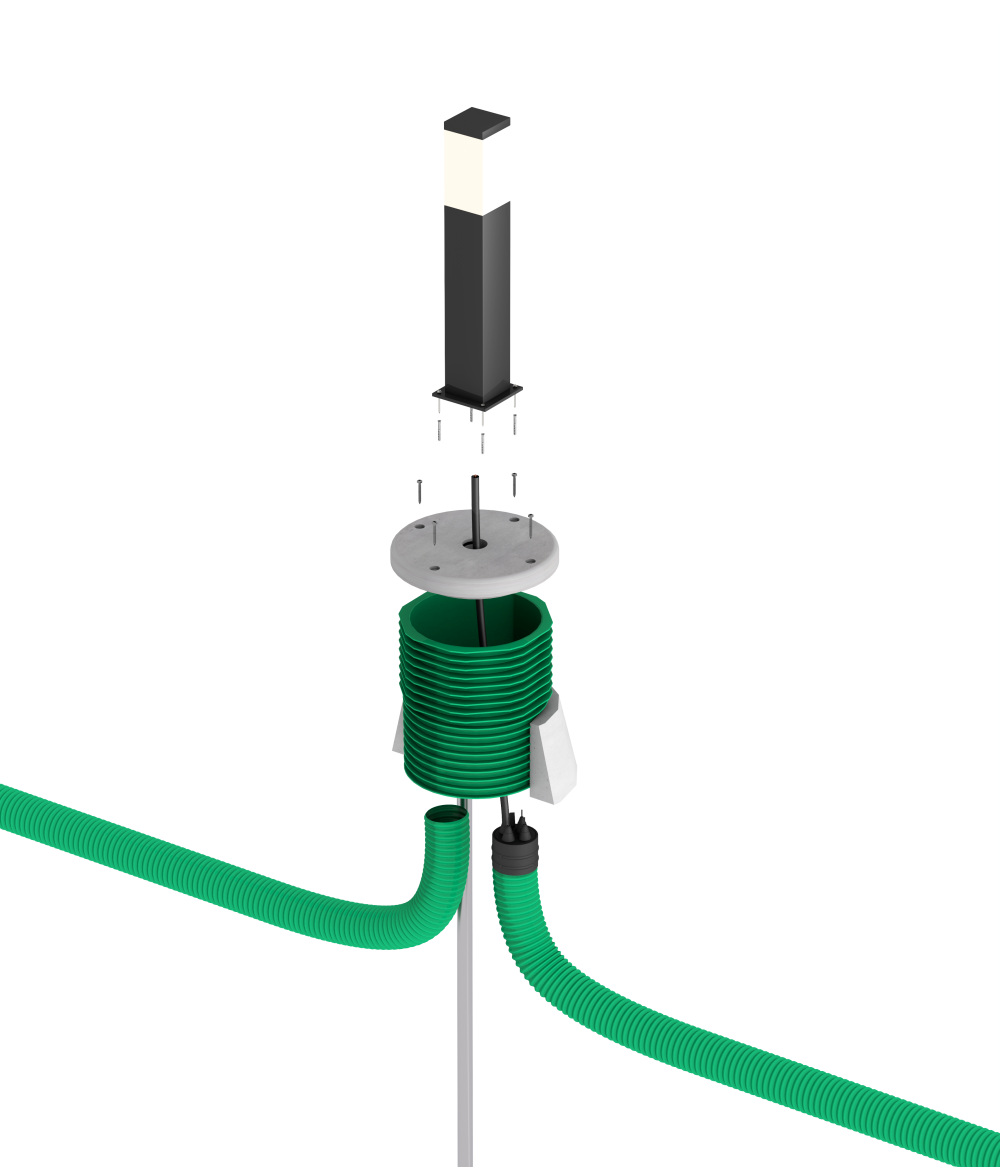 Einbau einer Gartenleuchte auf ETGAR Hausausführungssystem mit angeschlossenem Leerrohr zur Stromversorgung im Außenbereich