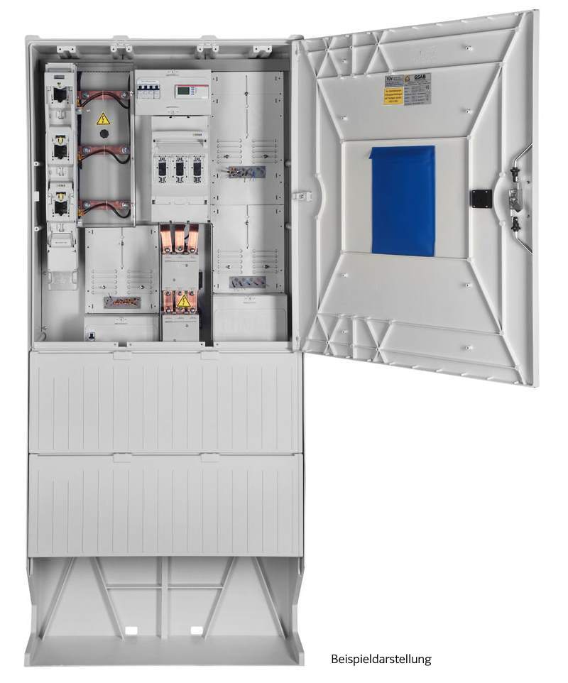 Geöffnete Zähleranschlusssäule GSAB für Erzeugungsanlagen bis 135 kVA zur Volleinspeisung mit integriertem Mess- und Wandlerschrank (Beispieldarstellung)