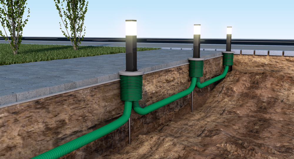 ETGAR Leerrohr-Gartenverteilungssystem mit mehreren angeschlossenen Gartenleuchten entlang eines Weges