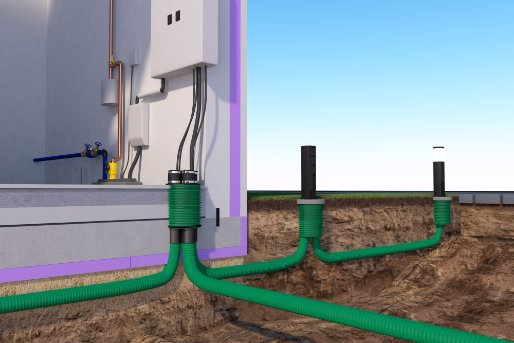 ETGAR Hausausführung im Keller mit angeschlossenen Leerrohren zur Verteilung von Strom- und Kommunikationsleitungen vom Gebäude in den Garten