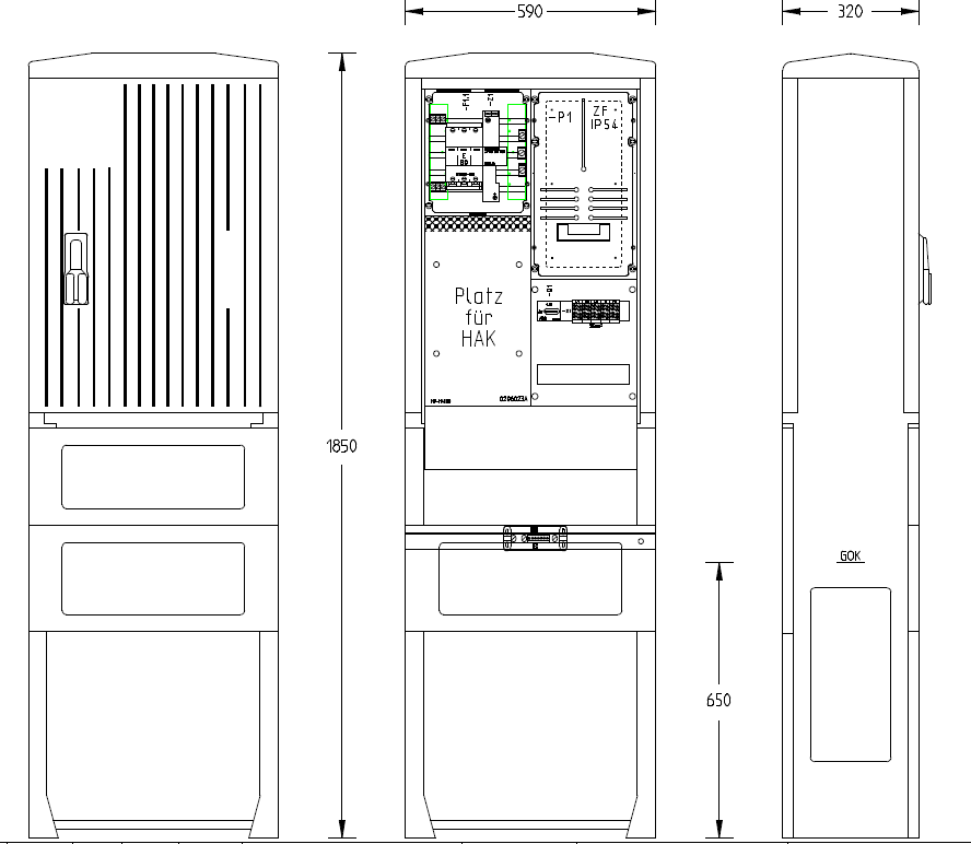 Technische Zeichnung einer Zähleranschlusssäule Bezug 1 Zähler 80 A ohne TSG mit Direktmessung und einem Zählerplatz