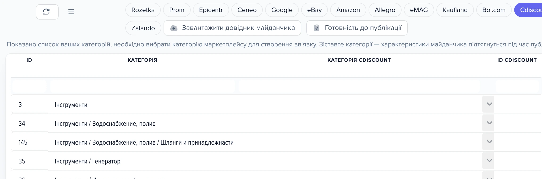 Зіставлення категорій з маркетплейсами: чип «Cdiscount» і колонки майданчика