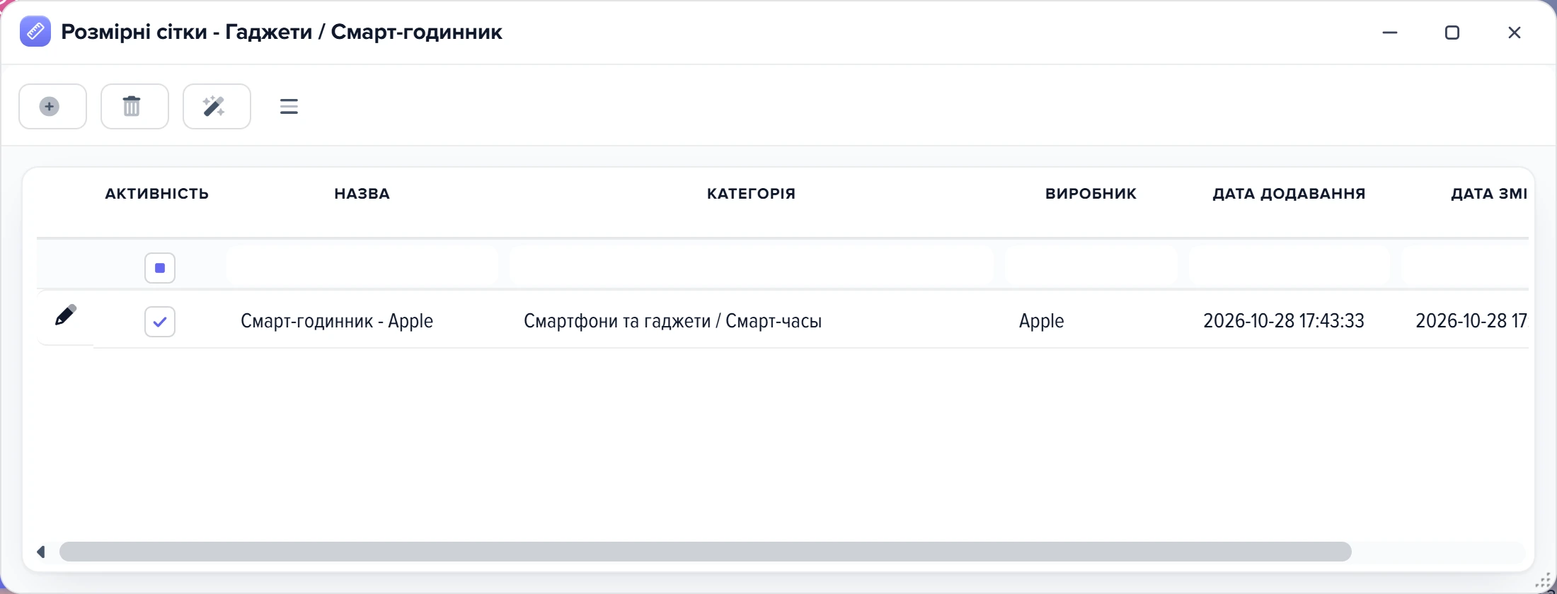 Вікно «Розмірні сітки» категорії «Гаджети / Смарт-годинник»: тулбар і сітка «Смарт-годинник - Apple»