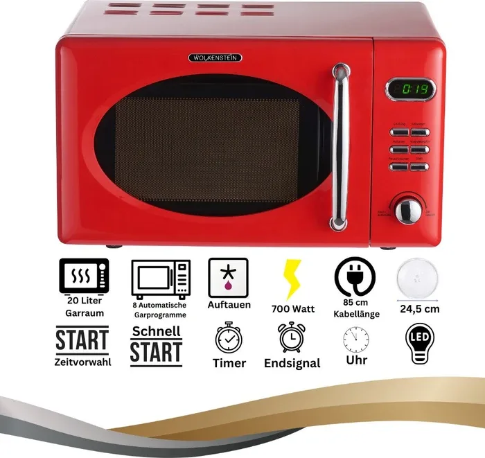 Wolkenstein WMW720 FR retro mikrovalna pećnica 20 l, 700 W, crvena