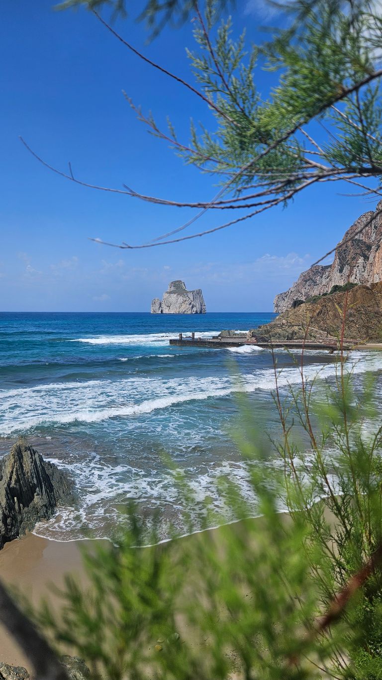Coastal landscape featuring a rocky beach, green vegetation in the foreground, and a distinctive rocky island in the turquoise sea under a blue sky.