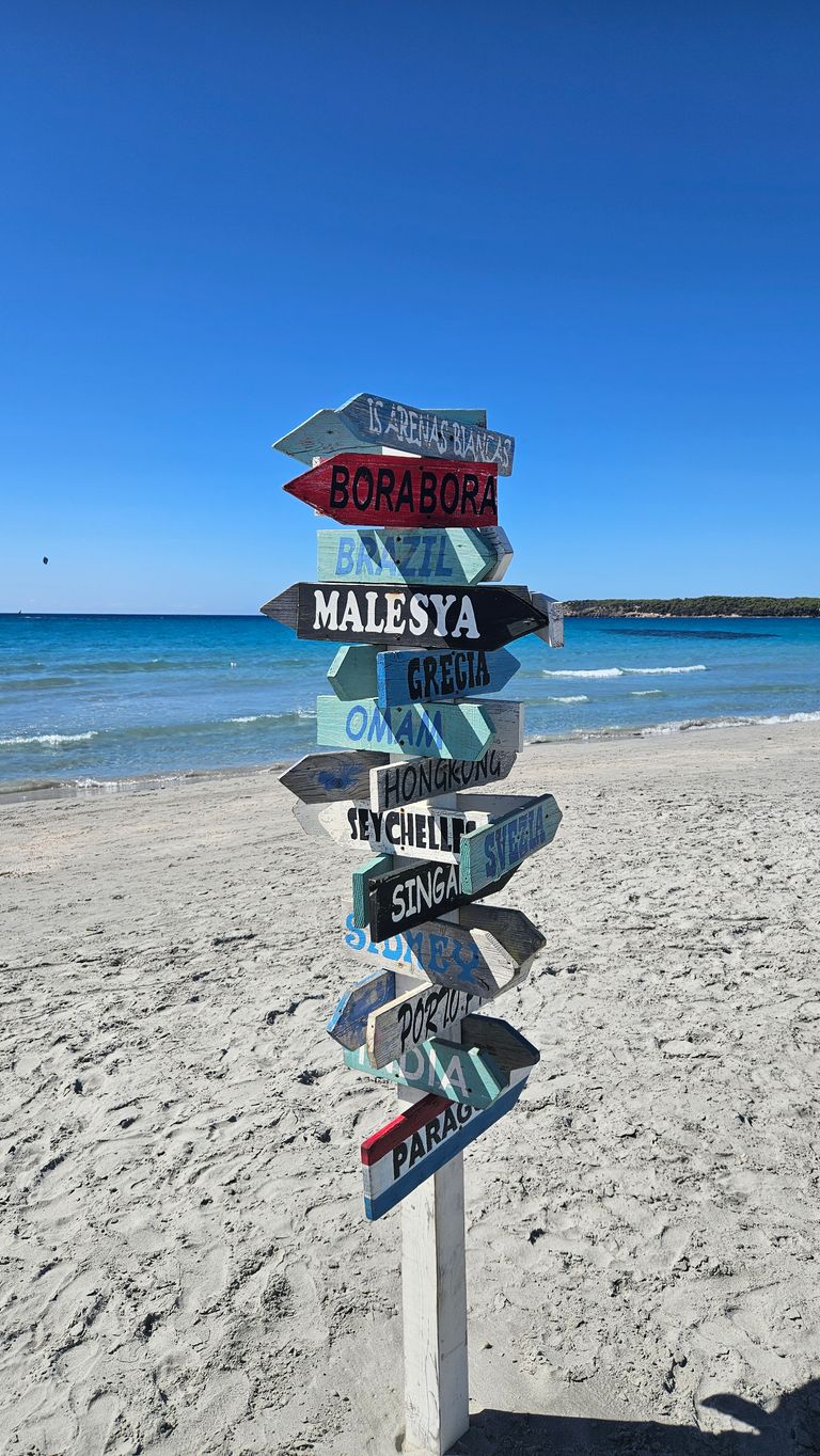 Holzwegweiser mit bunten Richtungsschildern zu verschiedenen Reisezielen am sandigen Strand mit Meer und klarem blauem Himmel im Hintergrund.
