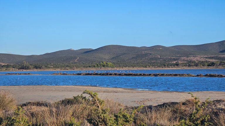 Landschaft mit blauer Lagune, Sandboden und niedrigen Buschen im Vordergrund unter klarem blauem Himmel mit Bergen im Hintergrund.