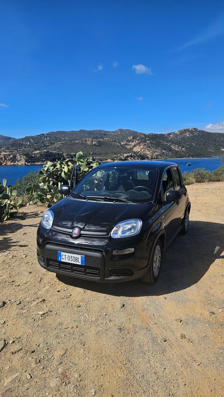 Ein schwarzer Fiat-Panda steht auf einem sandigen Platz nahe einem Gewässer mit Bergen im Hintergrund und kaktusähnlichen Pflanzen daneben.
