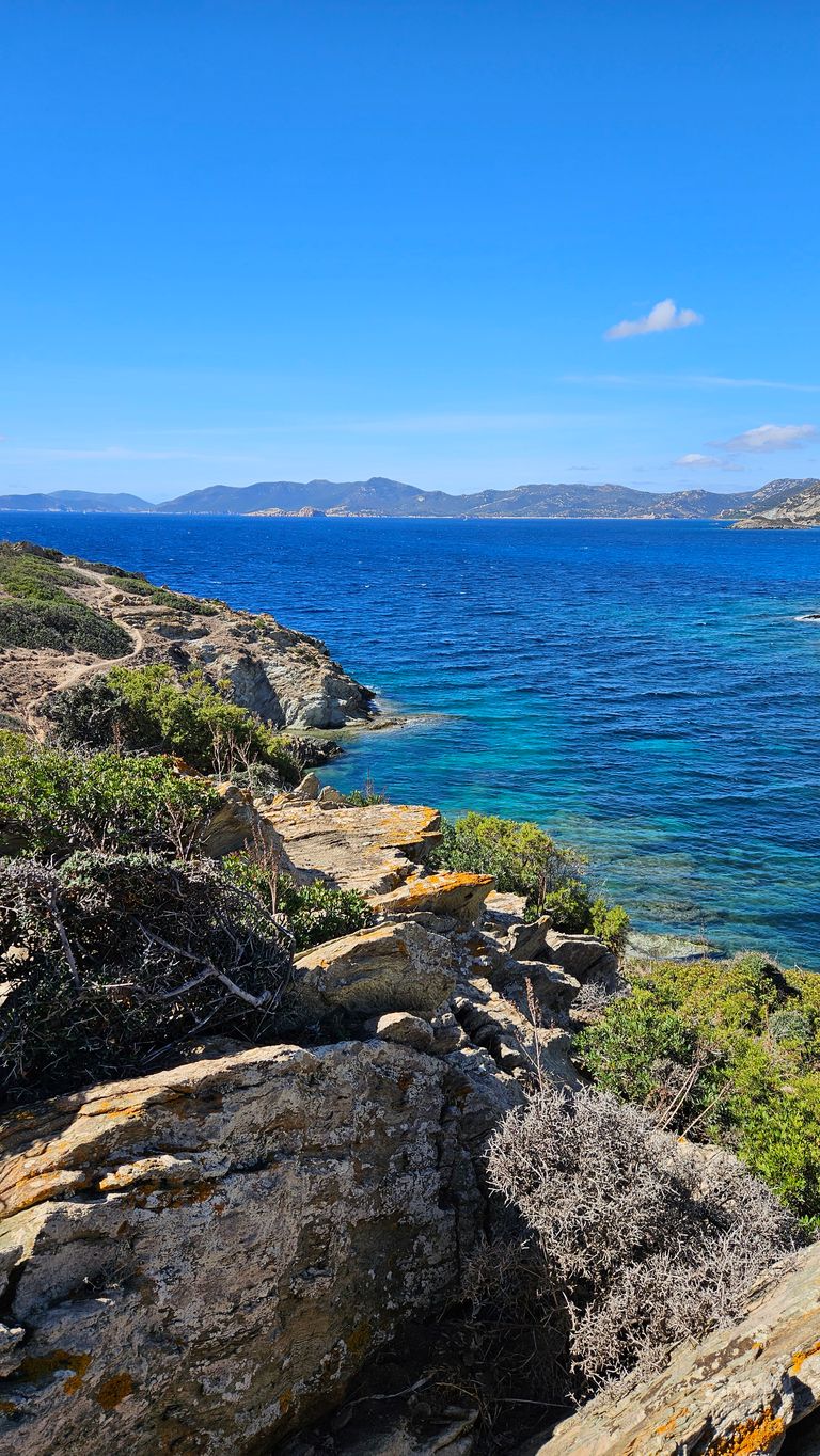 Felsige Küstenlinie mit trockenen Büschen und grünem Gestrüpp neben klarem, blauem Meer unter hellem, wolkenlosem Himmel mit Bergen am Horizont.