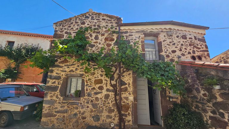 Altes Steinhaus mit einer Weinrebe, die sich an der Fassade entlangzieht, unter blauem Himmel.