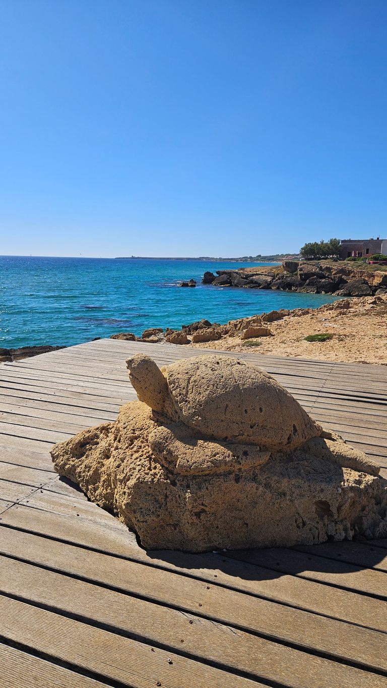 Eine Sandskulptur einer Meeresschildkröte auf einem Holzsteg mit Blick auf das blaue Meer und felsige Küstenlinie unter klarem Himmel.