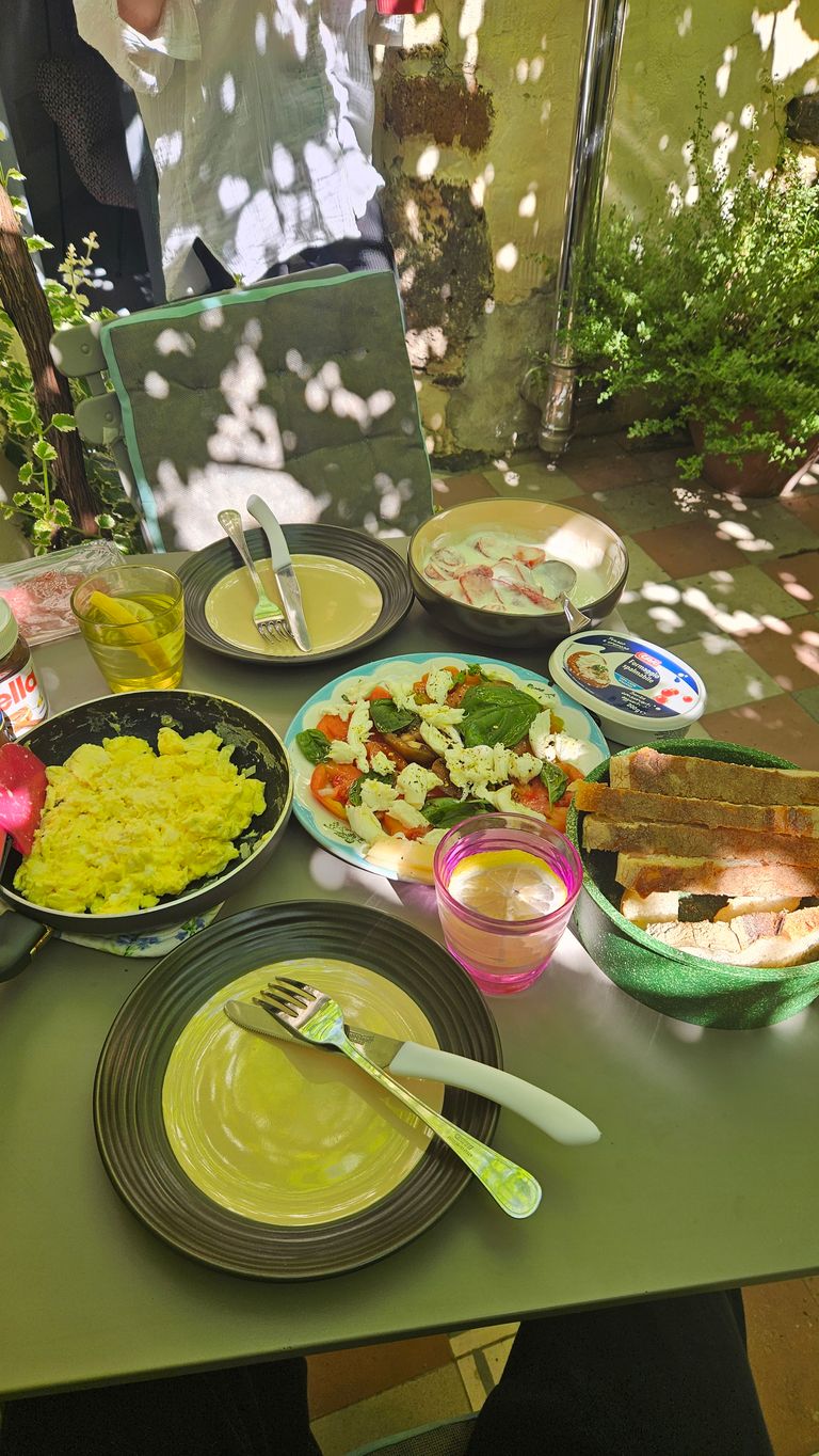 Ein Frühstückstisch im Freien unter einem Baum, beleuchtet von Sonnenlicht durch die Blätter. Auf dem Tisch sind Rührei in einer Pfanne, ein Tomaten-Mozzarella-Salat, ein Glas Wasser mit Zitrone, Brotscheiben in einem grünen Korb, Teller mit Besteck und eine Schale mit Joghurt und Erdbeeren.