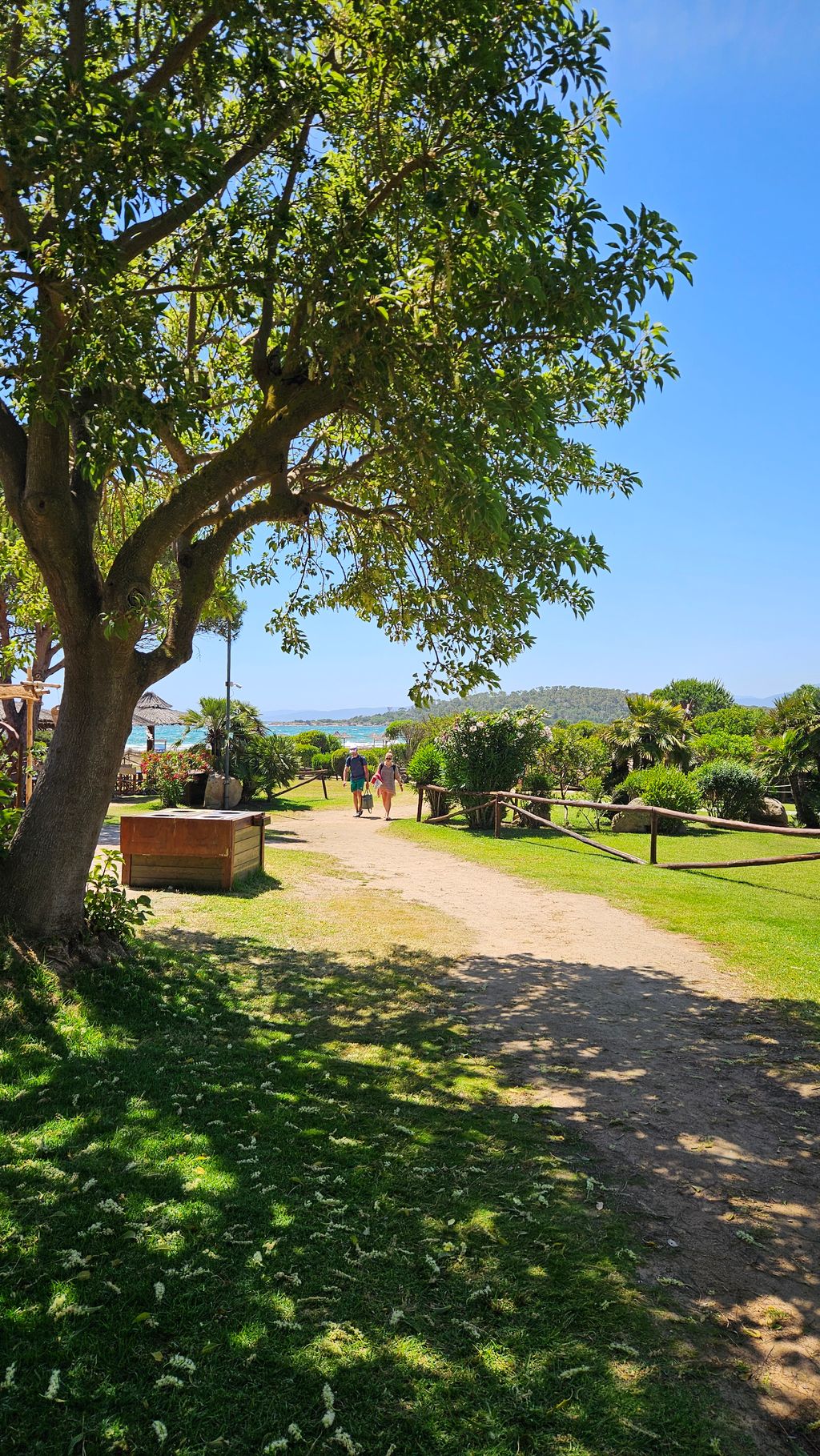 Zwei Personen gehen auf einem sonnigen Weg durch einen Park mit Bäumen, Sträuchern und Sicht auf das Meer im Hintergrund.