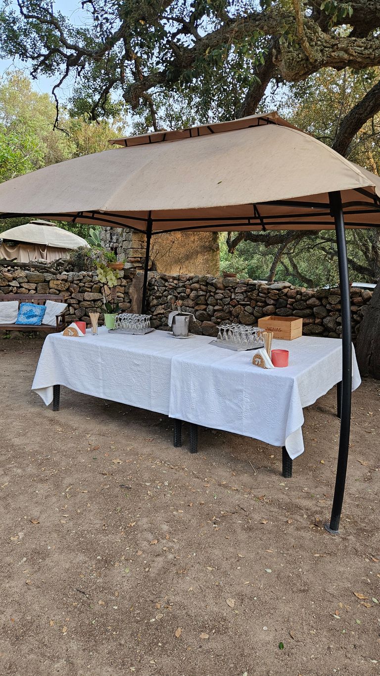 Ein gedeckter Tisch mit weißer Tischdecke unter einem großen Sonnenschirm im Außenbereich, umgeben von Bäumen und einer Steinmauer. Auf dem Tisch stehen Gläser und eine Eiskübel mit einer Flasche.