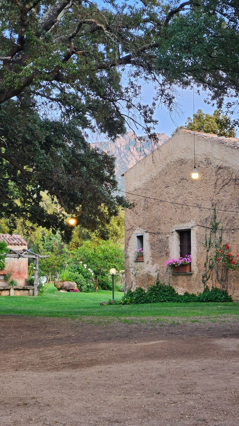 Ein rustikales, beiges Haus mit Blumen in Fensterkästen und umgeben von einem grünen Garten, Bäumen und Bergen im Hintergrund bei Dämmerung.