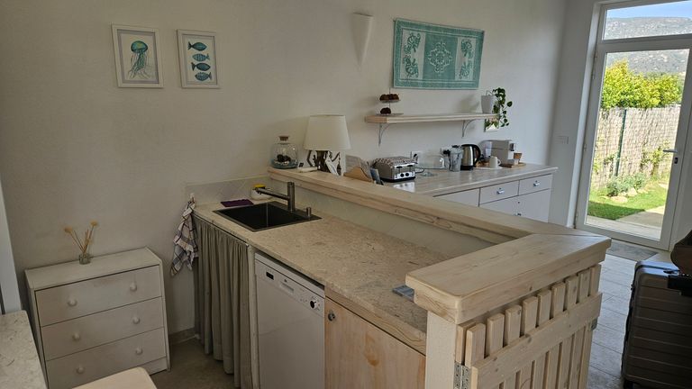 Kleine Küchenzeile mit Spüle, Geschirrspüler und einem Tresen aus hellem Holz. Im Hintergrund sind eine weiße Kommode, eine Arbeitsplatte mit verschiedenen Küchenutensilien und ein Fenster mit Blick in einen Garten zu sehen.