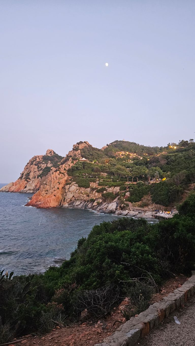 Felsige Küstenlandschaft mit grünen Bäumen und Sträuchern am Meer, bei Dämmerung mit sichtbarem Mond am klaren Himmel.
