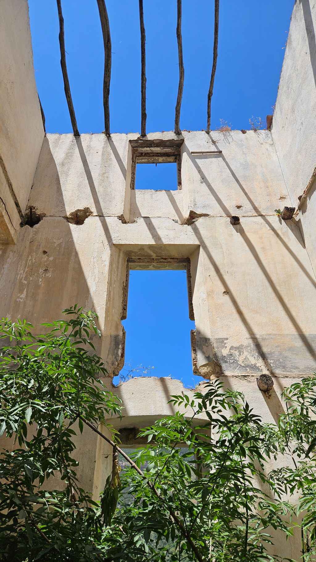 Blick nach oben in ein verlassenes, teilweise eingestürztes Gebäude mit kahlem Dach und grünen Pflanzen im unteren Bildbereich unter klarem blauem Himmel.
