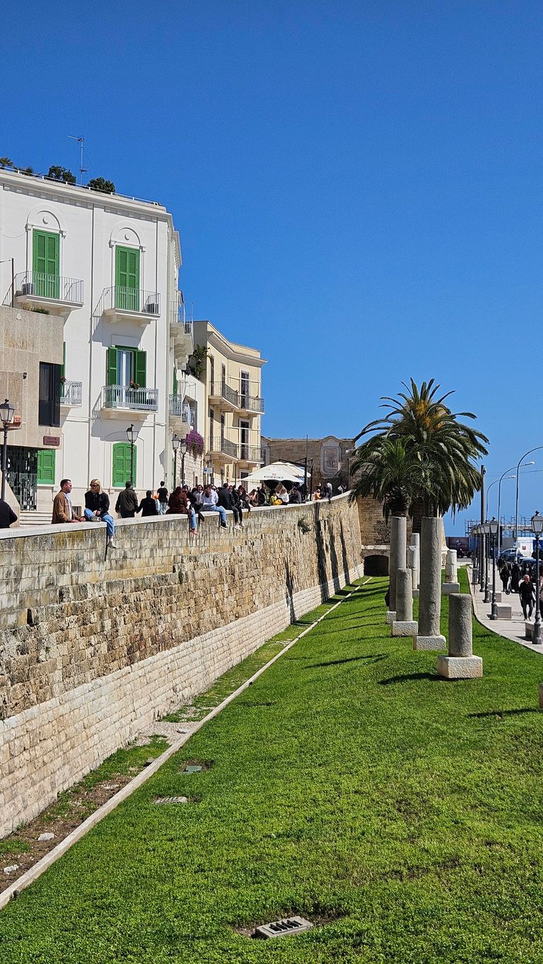 People sitting and standing on an elevated stone wall next to a white building with green shutters under a clear blue sky, with palm trees and a green lawn in the foreground.