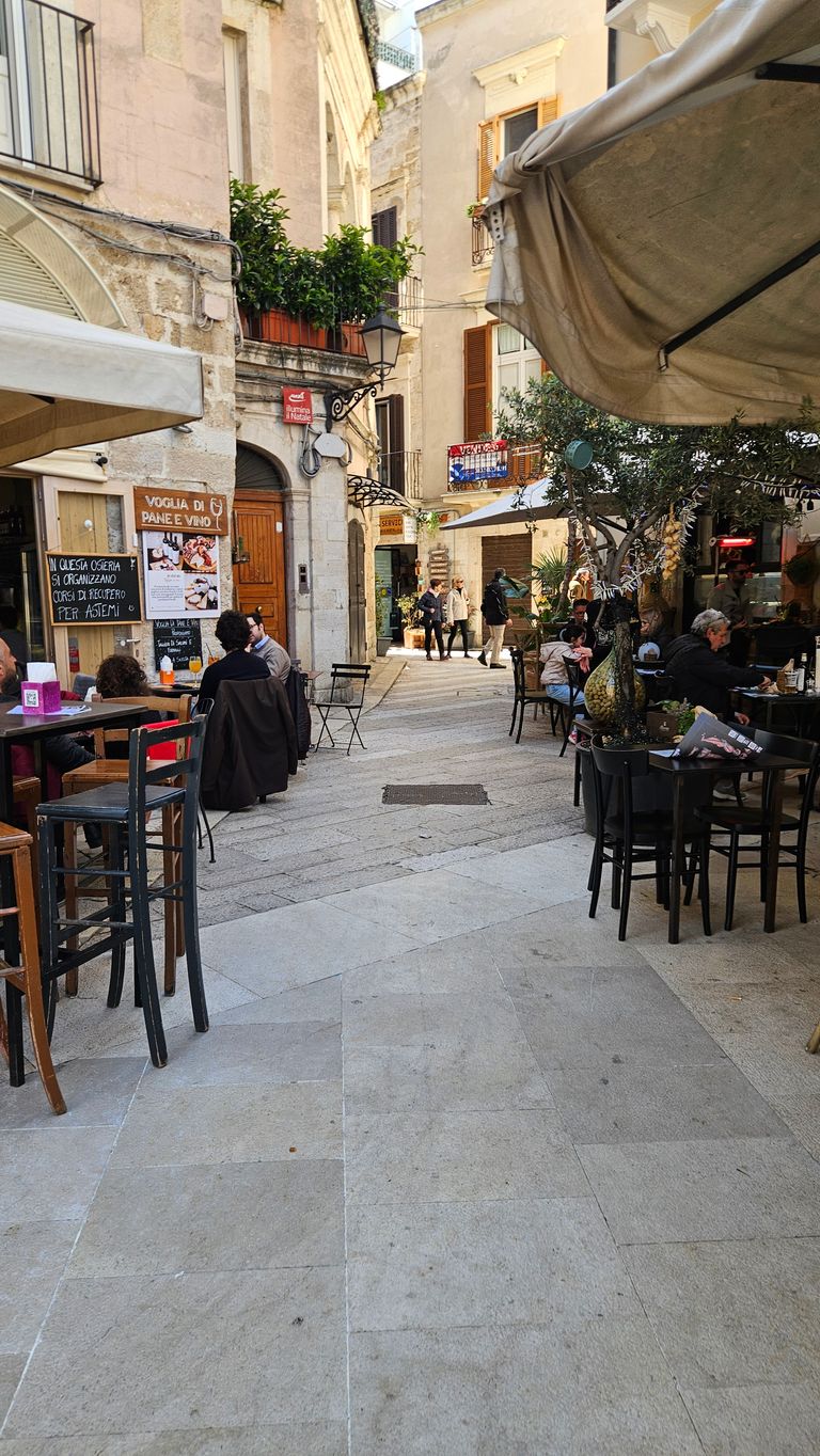 View of a narrow paved alley with outdoor seating of a café or restaurant and several people sitting and talking. The buildings are made of stone with wooden doors and shutters, decorative plants on the balcony and along the street.