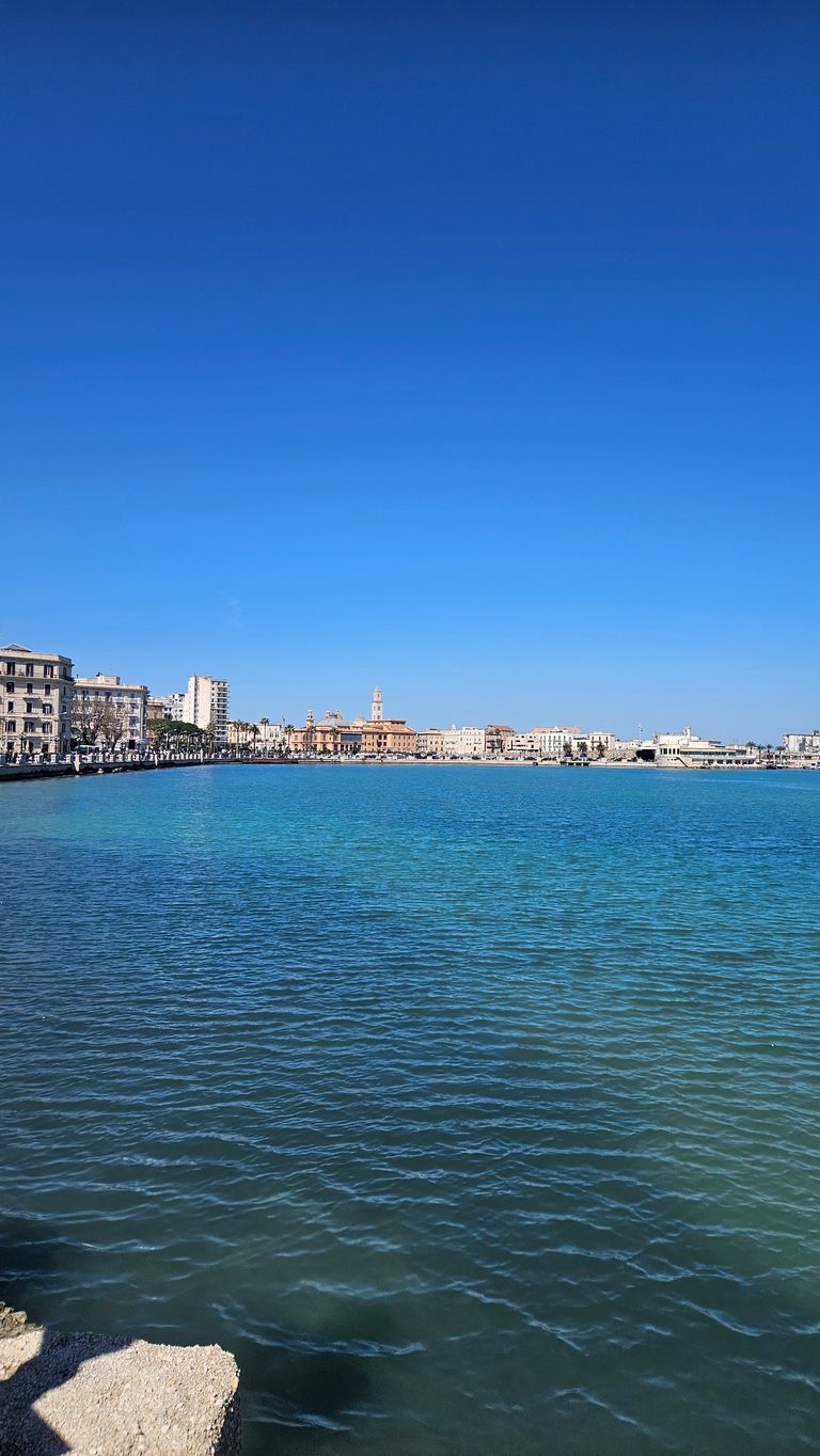 View of a calm harbor bay with a waterfront promenade and historic buildings in the background under a clear blue sky.