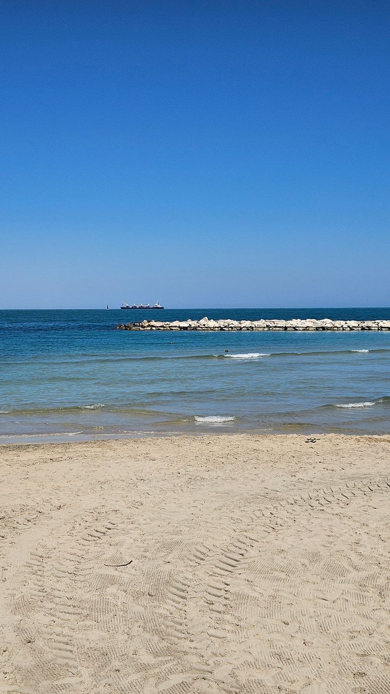A calm beach with light brown sand, a small wave-breaking stone wall in the sea, and a ship on the horizon under a clear blue sky.