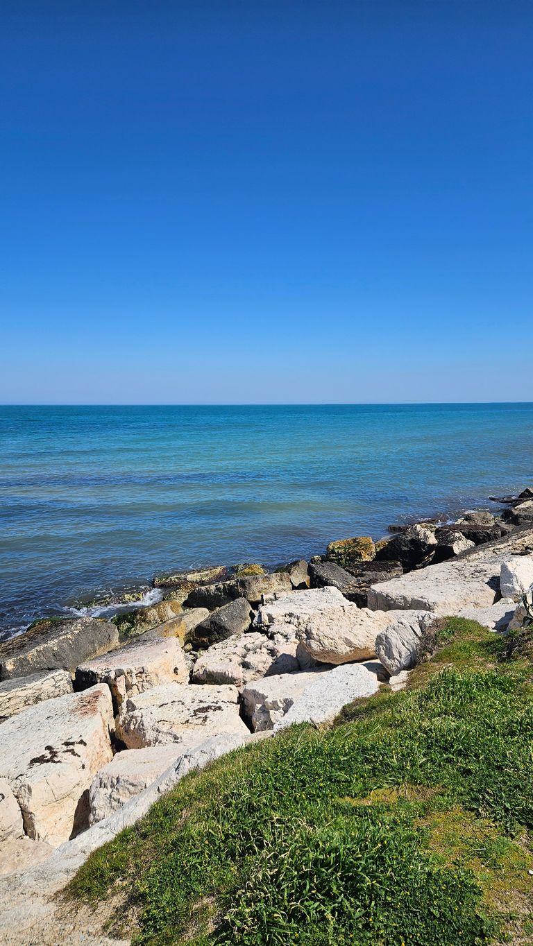 Coastline with large rocks and green grass in the foreground, calm blue sea and clear sky in the background.