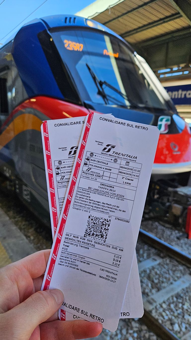 Hand holding two Trenitalia train tickets in front of a stationary Trenitalia train at the platform.